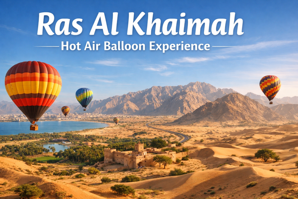 Ras Al Khaimah hot air balloon experience at sunrise with colorful balloons floating above golden desert dunes, palm oasis, and the Hajar Mountains under clear blue skies