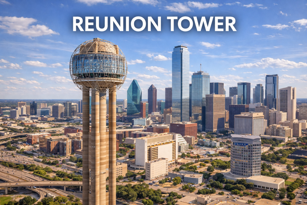 Reunion Tower rising above downtown Dallas with its iconic geodesic sphere and panoramic city skyline under a bright blue sky.