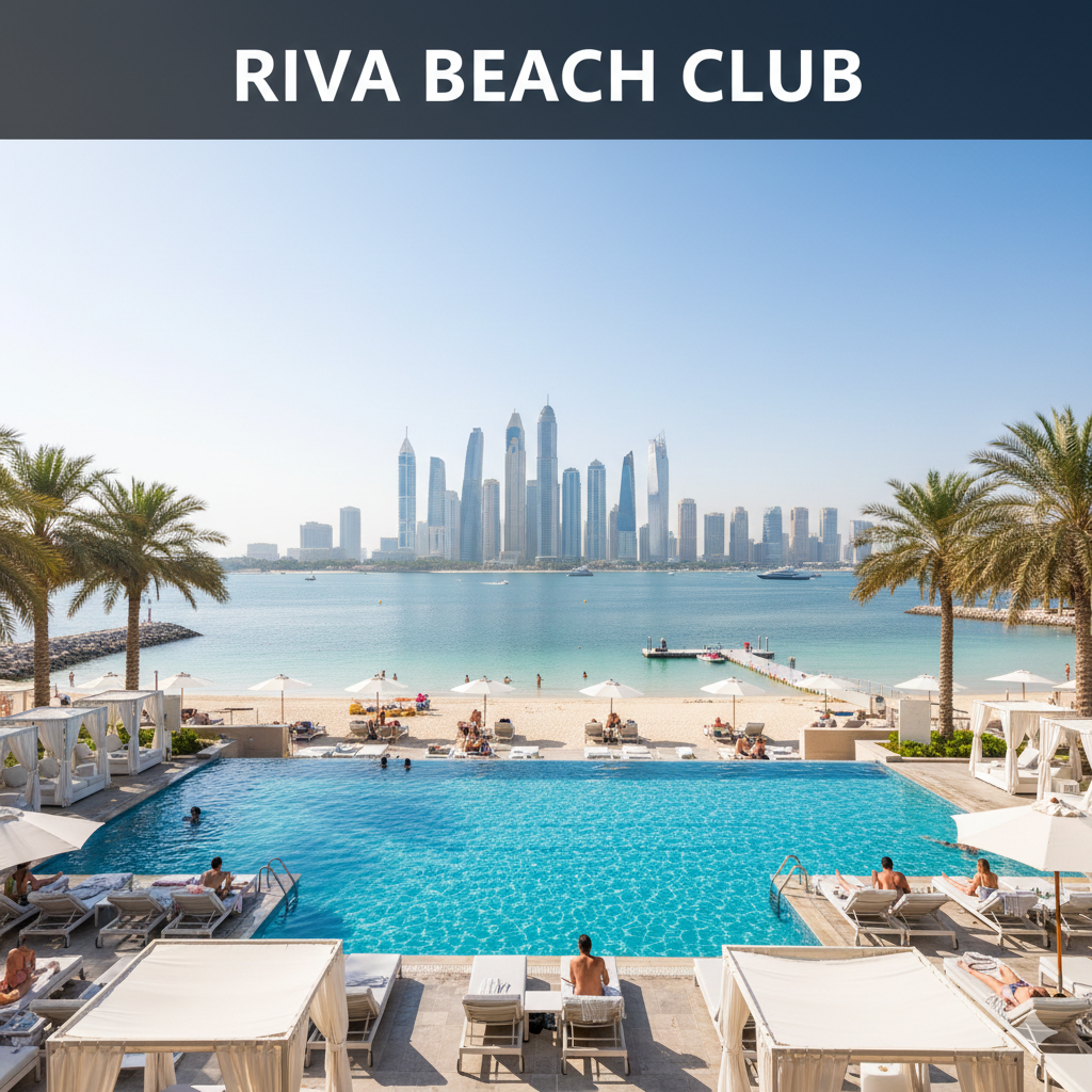 Riva Beach Club on Palm Jumeirah with private beach, temperature controlled pool, sun loungers, and Dubai Marina skyline views under bright daylight