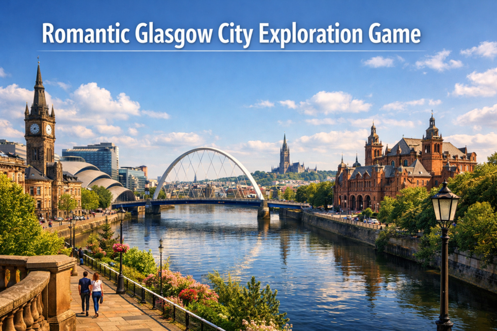 Romantic Glasgow city exploration game with couple walking through historic streets near George Square and River Clyde in bright daylight
