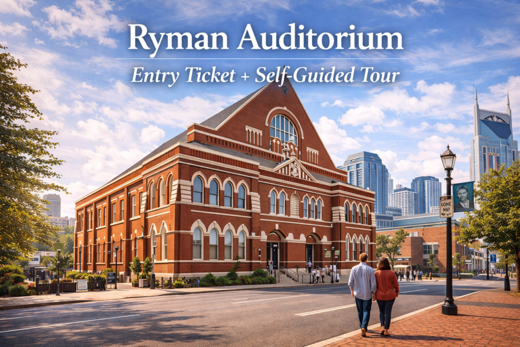 Ryman Auditorium entry ticket and self guided tour featuring historic red brick music hall in downtown Nashville under bright daylight