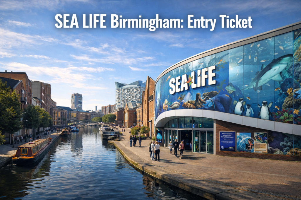 SEA LIFE Birmingham aquarium at Brindleyplace featuring underwater tunnel and marine life in bright daylight