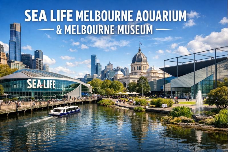 SEA LIFE Melbourne Aquarium and Melbourne Museum with Yarra River, modern architecture, Royal Exhibition Building, and Melbourne city skyline under bright daylight