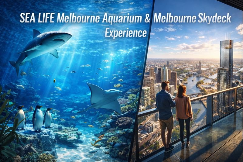 SEA LIFE Melbourne Aquarium and Melbourne Skydeck panoramic image showing sharks, penguins, and rays underwater alongside a high rise city skyline view from Melbourne Skydeck