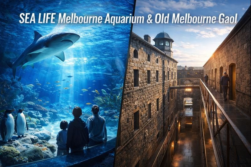 SEA LIFE Melbourne Aquarium and Old Melbourne Gaol combo featuring underwater sharks and penguins alongside historic stone prison corridors in Melbourne, Australia