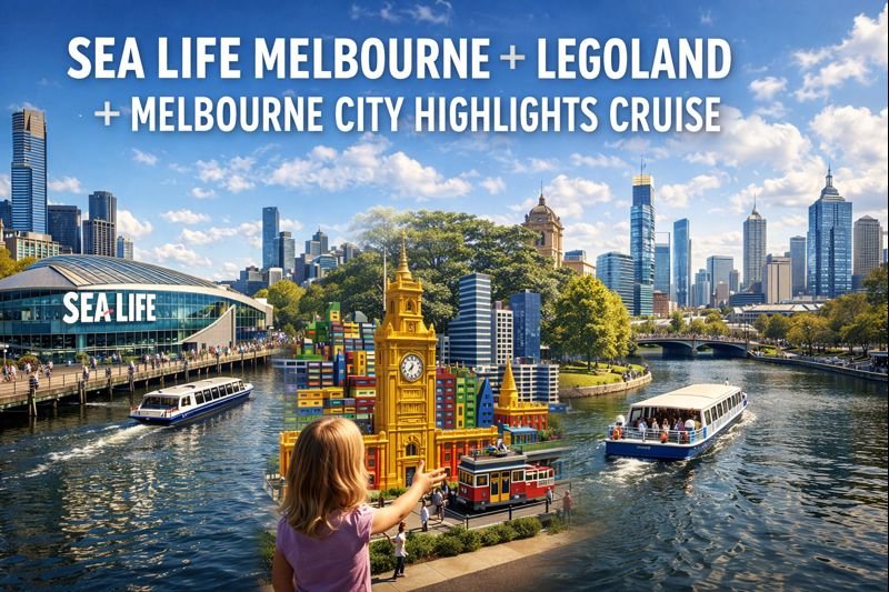 SEA LIFE Melbourne Aquarium, LEGOLAND Discovery Centre, and Melbourne City Highlights Cruise on the Yarra River with skyline, LEGO landmarks, and river cruise boats in daylight