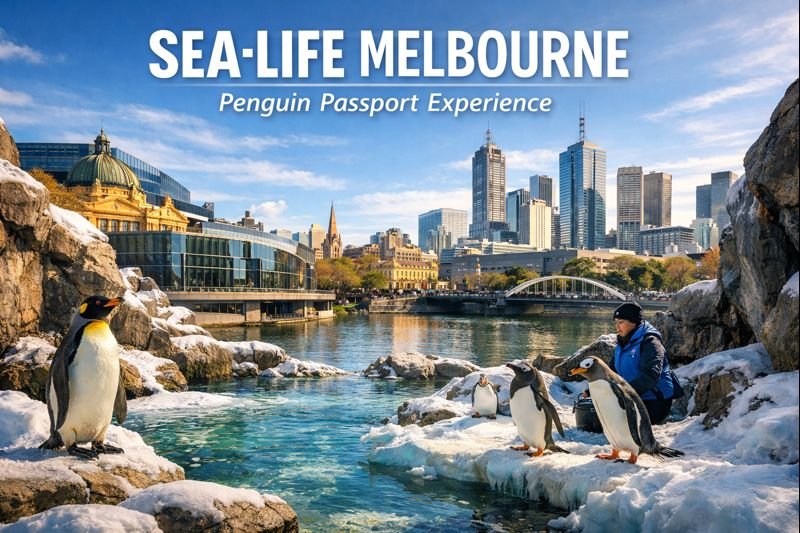 SEA LIFE Melbourne Penguin Passport Experience with king and gentoo penguins in a realistic sub Antarctic habitat overlooking Melbourne city skyline and Yarra River