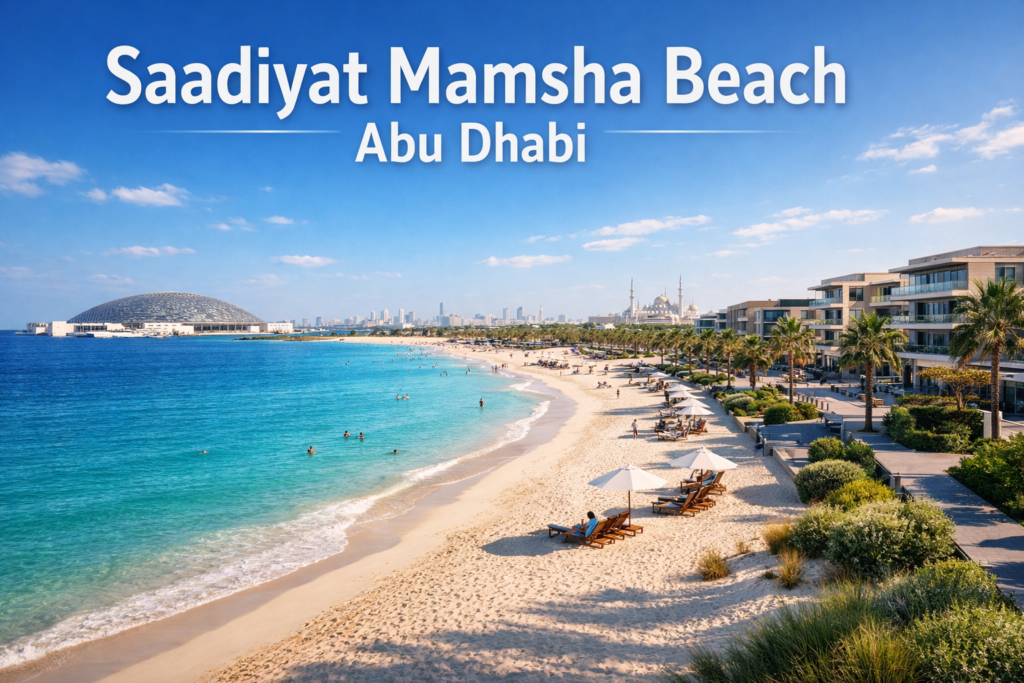 Saadiyat Mamsha Beach in Abu Dhabi with white sand shoreline, turquoise waters, modern beachfront residences, palm-lined promenade, and Louvre Abu Dhabi visible under bright daylight