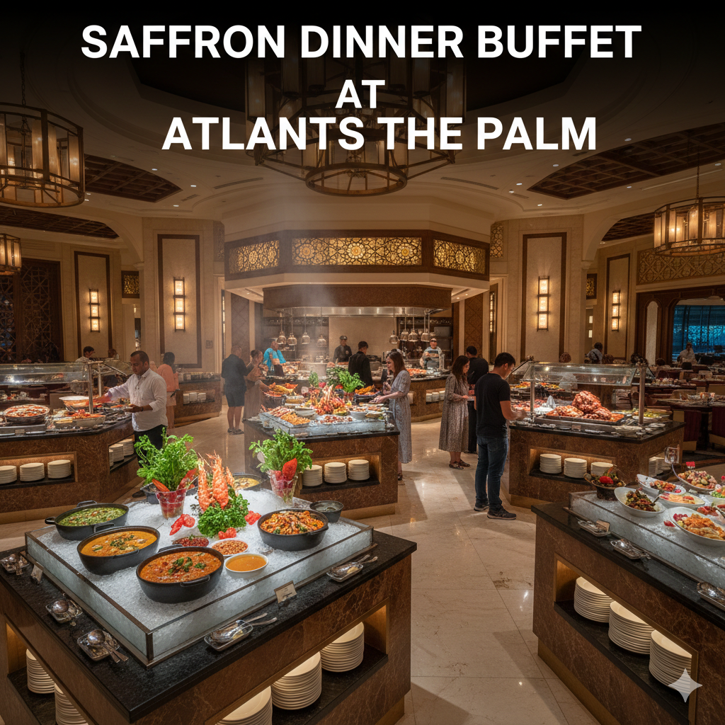 Saffron Dinner Buffet at Atlantis The Palm Dubai featuring live cooking stations, fresh seafood, and international cuisine