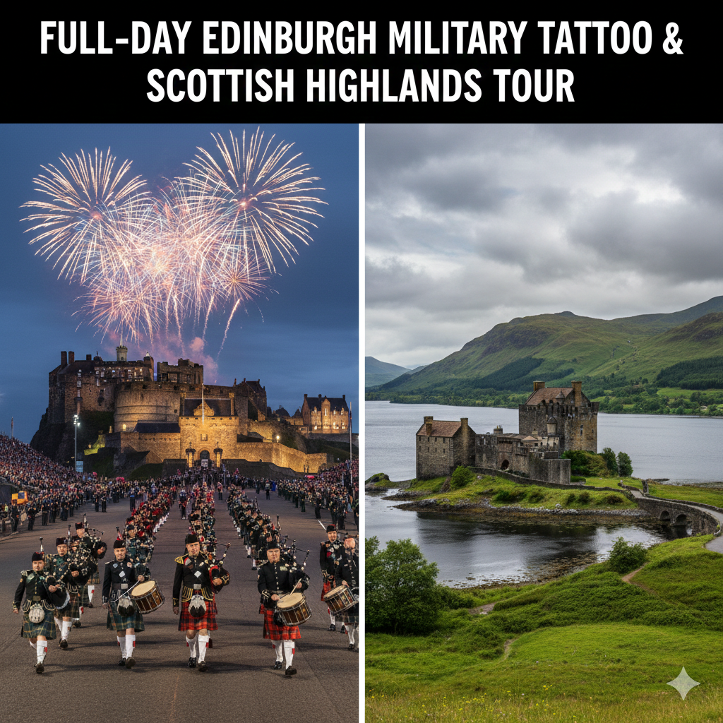 A wide cinematic shot of a tour coach traveling through the green Scottish Highlands mountains, transitioning into a vibrant scene of the Royal Military Tattoo at Edinburgh Castle.