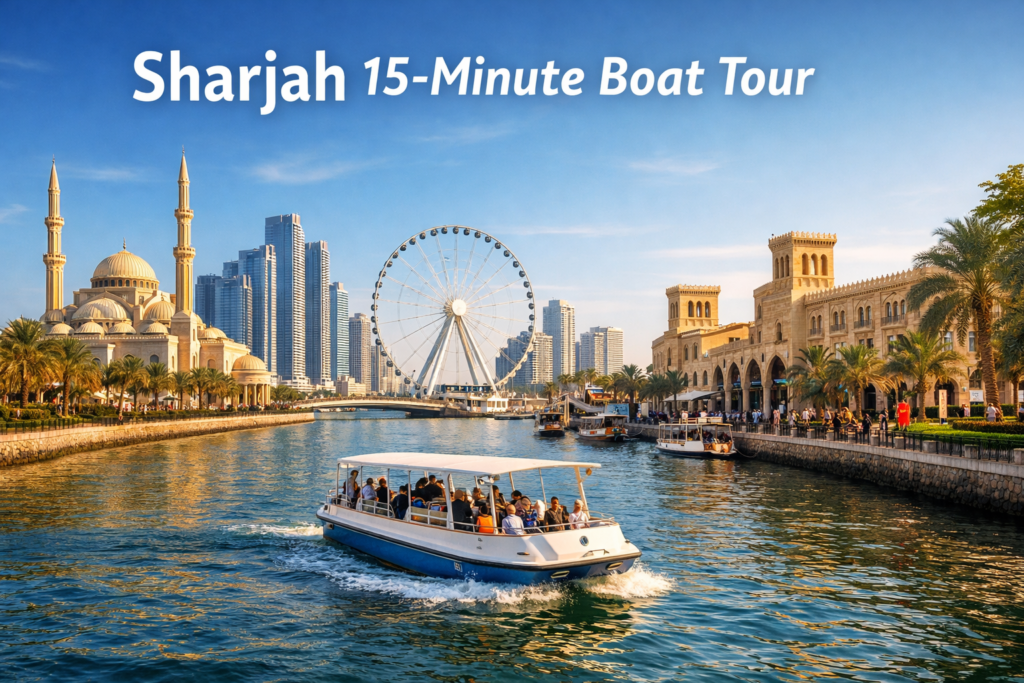 Sharjah 15 minute boat tour cruising along the waterfront with Al Noor Mosque, modern skyline, Ferris wheel, and traditional architecture under bright daylight
