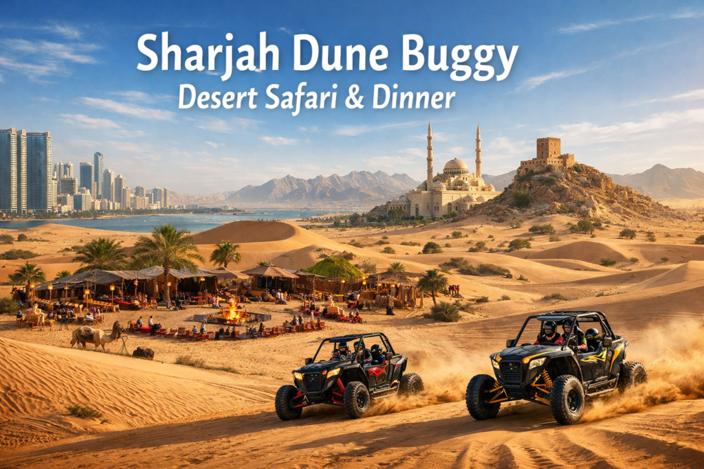 Sharjah dune buggy desert safari with dinner featuring off road buggies racing across golden sand dunes, traditional desert camp, mosque skyline, and cinematic daylight scenery in Sharjah UAE