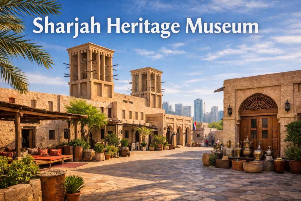 Sharjah Heritage Museum under bright daylight showcasing traditional Emirati wind towers courtyard architecture and heritage walkways in the Heart of Sharjah