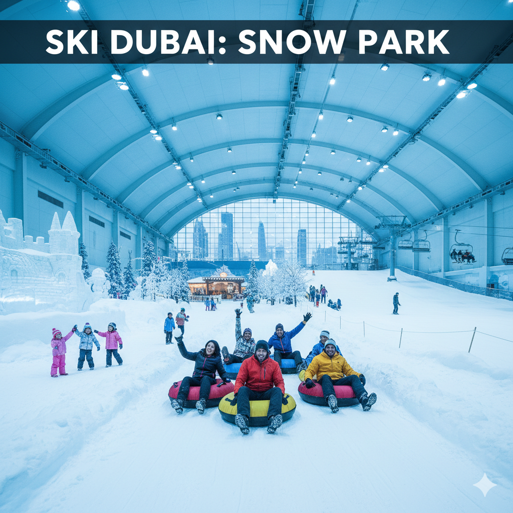 Ski Dubai Snow Park indoor winter wonderland with snow slides, snowball areas, and penguin encounter zones for families and children in Dubai