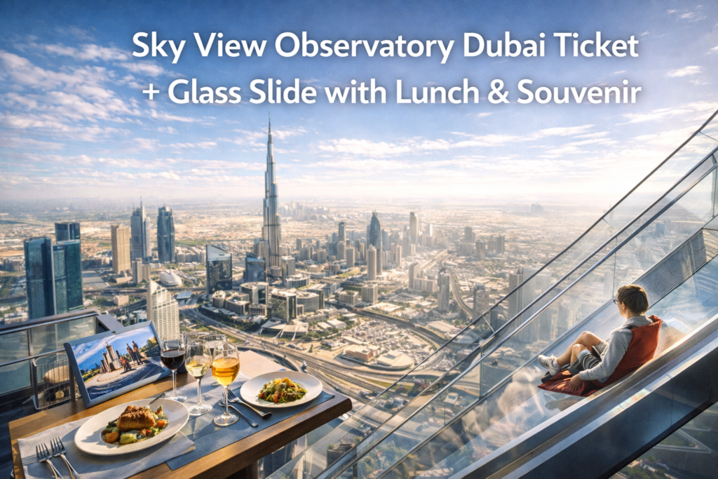 Stunning panoramic view from Dubai’s Sky View Observatory featuring the Glass Slide, observation deck, city skyline, and dining area under bright daylight with clear, vibrant colors.