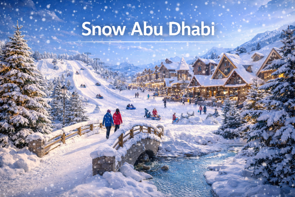 Snow Abu Dhabi indoor snow park featuring snowy village scenery, ice covered slopes, winter rides, and alpine architecture inside Reem Mall under bright lighting