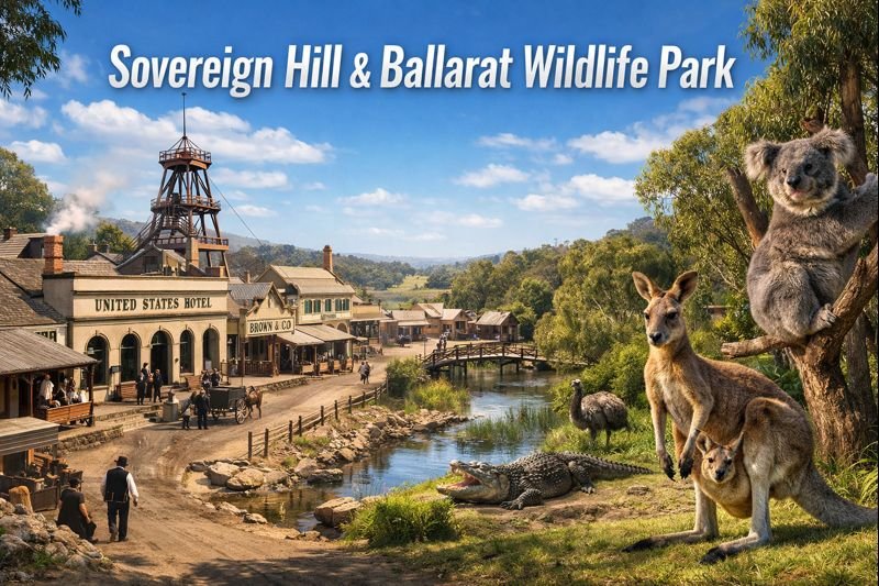 Sovereign Hill and Ballarat Wildlife Park panoramic view showing 1850s gold rush streets, historic buildings, and native Australian wildlife including kangaroos and koalas under bright daylight