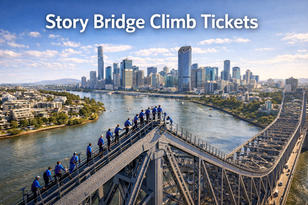 Story Bridge Climb Brisbane with climbers at the summit overlooking the Brisbane River and city skyline in bright daylight
