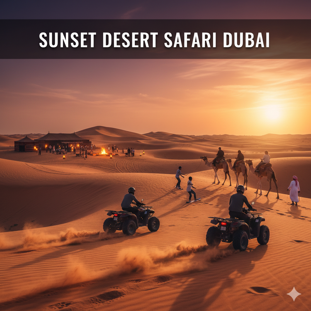 Sunset desert safari experience featuring quad biking, sandboarding, camel ride, golden sand dunes at sunset, and traditional BBQ dinner in a Bedouin style desert camp