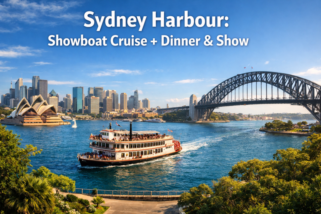Sydney Harbour Showboat Dinner Cruise sailing past Sydney Opera House and Harbour Bridge in bright daylight with city skyline