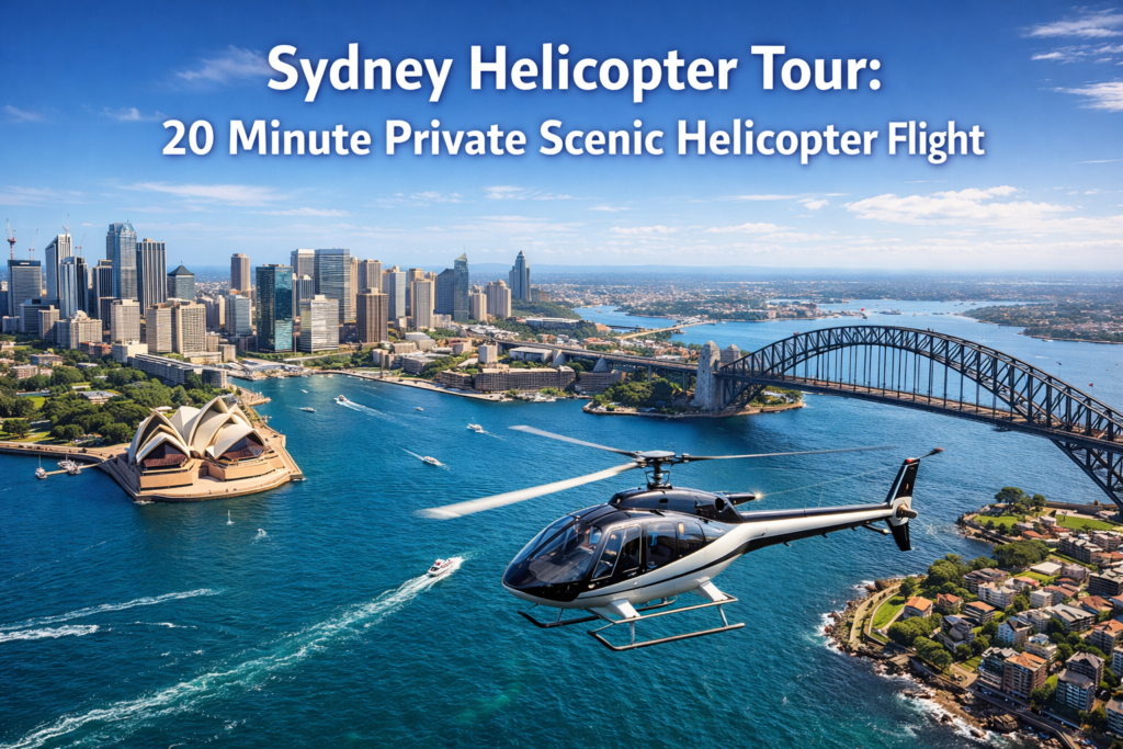 Sydney helicopter tour flying over Sydney Harbour with Opera House, Harbour Bridge, and city skyline in daylight