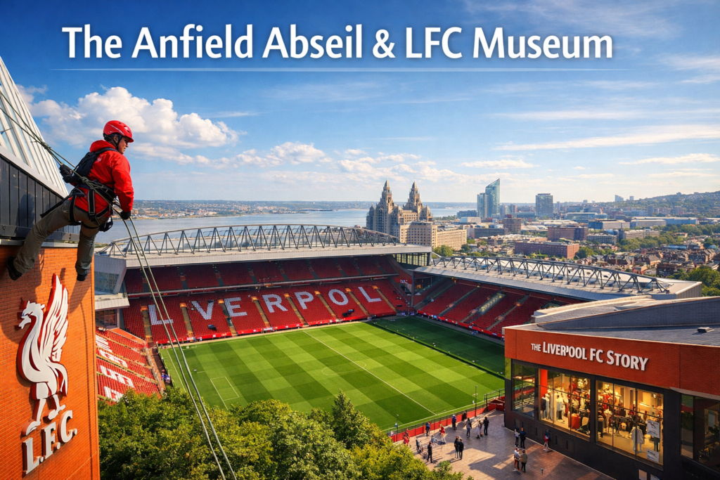 Anfield Abseil experience at Liverpool FC Stadium showing a participant descending the Main Stand with panoramic views of the pitch and Liverpool skyline on a sunny day