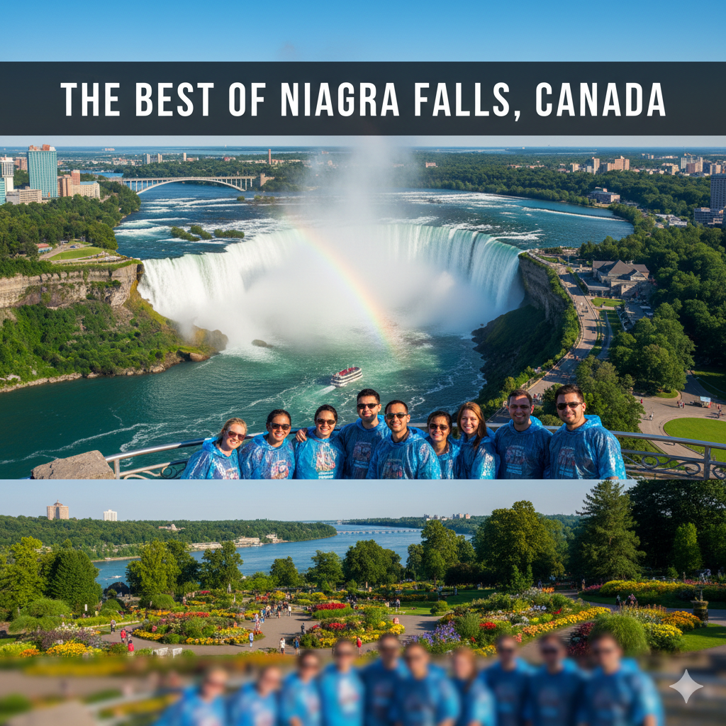 Small group tour overlooking Niagara Falls with panoramic views of Horseshoe Falls and surrounding landscape under bright daylight
