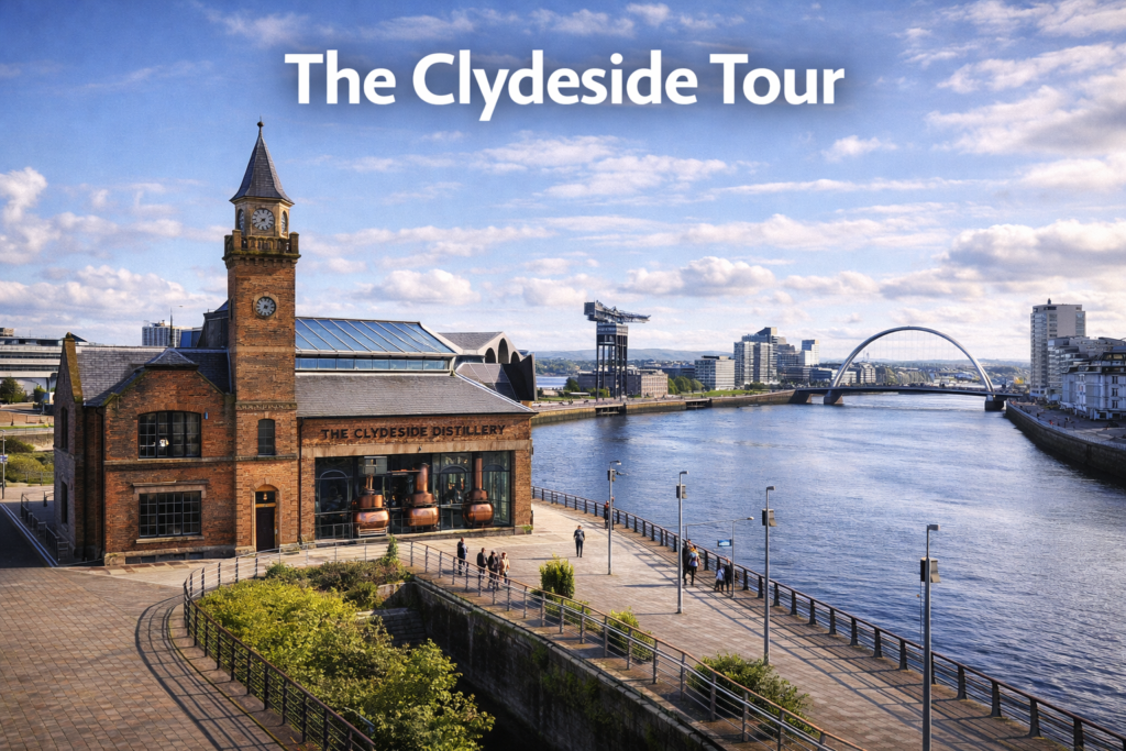 Cinematic view of The Clydeside Distillery in Glasgow with the River Clyde, modern waterfront architecture, and bright daylight during The Clydeside Tour