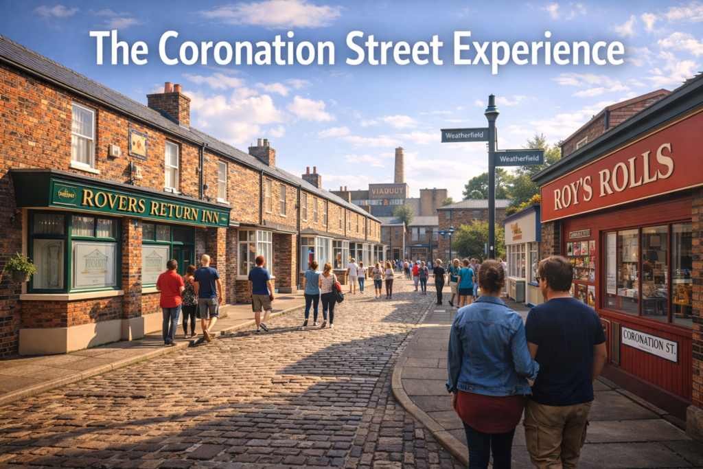 Visitors walking the famous cobbled street at The Coronation Street Experience, featuring the Rovers Return Inn, Roy’s Rolls, and authentic TV set buildings in bright daylight.