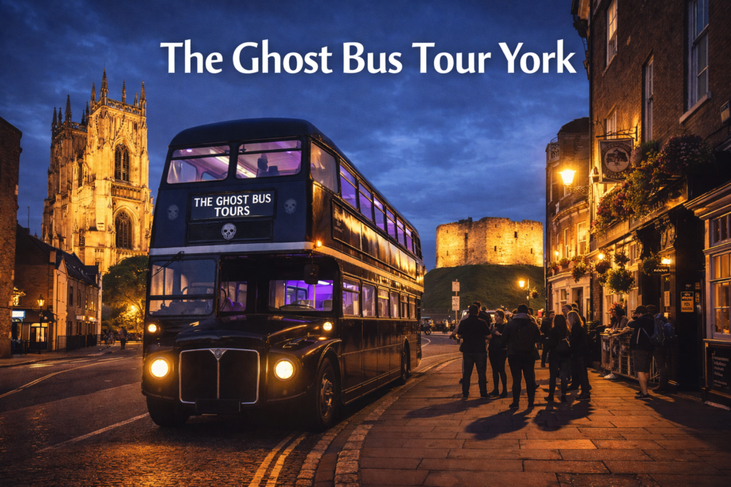 The Ghost Bus Tour York traveling past York Minster and medieval streets in daylight, featuring the iconic black vintage bus on a cinematic city backdrop.
