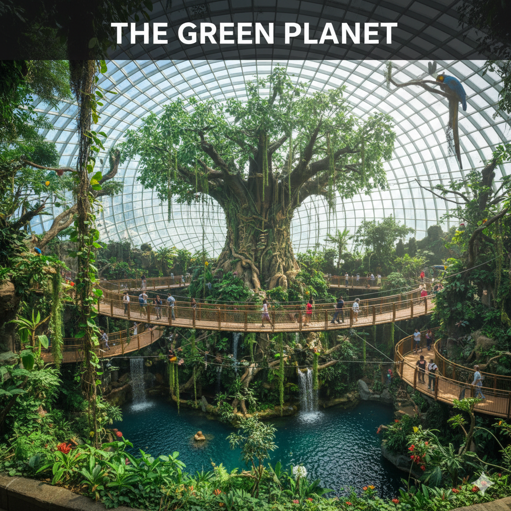 The Green Planet Dubai indoor rainforest with lush tropical plants, free roaming birds, and the iconic central tree inside a climate controlled biodome