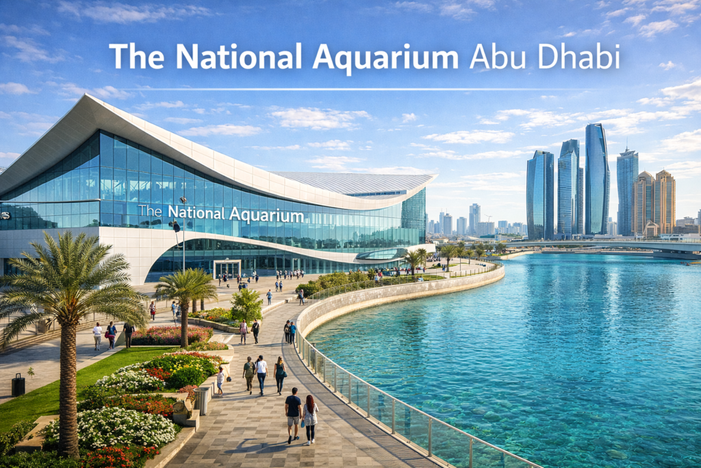 The National Aquarium Abu Dhabi exterior at Al Qana waterfront with modern glass architecture, palm lined promenade, turquoise water, and Abu Dhabi skyline in daylight