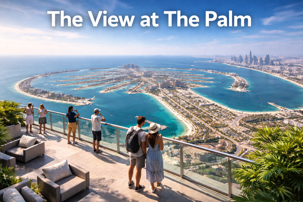 The View at The Palm Level 52 observation deck overlooking Palm Jumeirah with panoramic views of Atlantis Hotel, Dubai skyline, turquoise sea, and visitors enjoying the sky-high viewpoint in daylight.