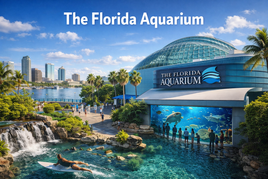 The Florida Aquarium in Tampa featuring a modern glass dome, outdoor walkways, large aquarium viewing window, palm trees, and the downtown waterfront under bright daylight.