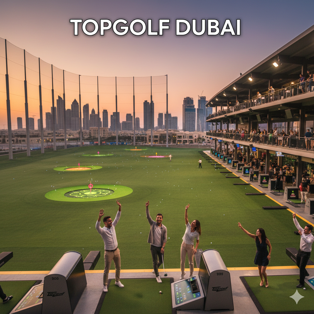 Topgolf Dubai hitting bays with city skyline views at sunset, guests playing golf, enjoying food and drinks, and illuminated targets in Emirates Hills