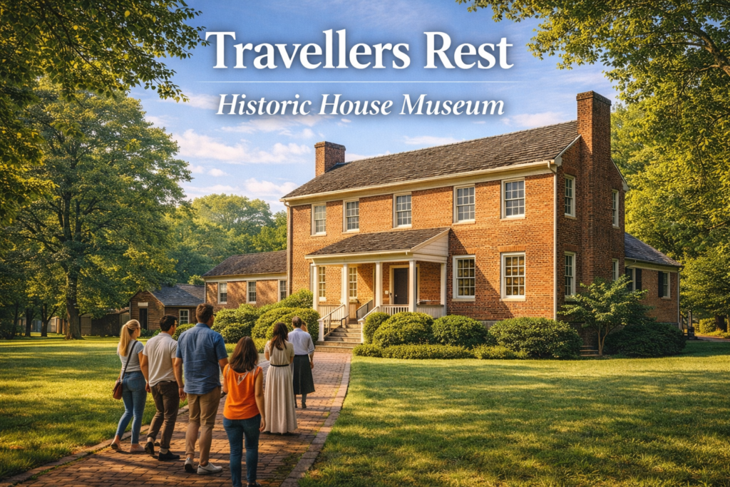 Travellers Rest Historic House Museum in Nashville with visitors walking along brick pathway toward historic red brick home under bright daylight