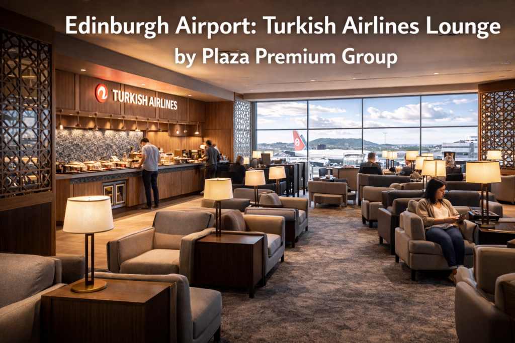 Turkish Airlines Lounge by Plaza Premium Group at Edinburgh Airport featuring elegant seating, warm lighting, modern interiors, and a calm premium airport lounge atmosphere