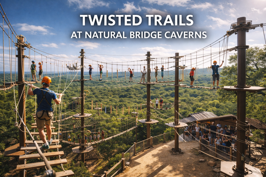 Visitors navigating the Twisted Trails aerial ropes course at Natural Bridge Caverns with suspended bridges and platforms above the Texas Hill Country landscape.