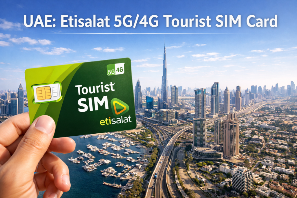 UAE Etisalat 5G and 4G tourist SIM card held in hand with Dubai skyline, Burj Khalifa, marina, highways, and modern cityscape under bright daylight