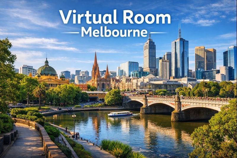 Virtual Room Melbourne immersive VR escape room experience with Melbourne city skyline, Yarra River, Princes Bridge, Flinders Street Station, and modern skyscrapers under bright daylight.