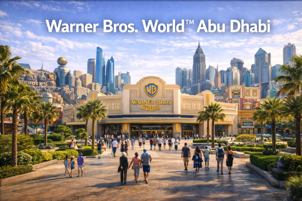 Wide panoramic daytime view of Warner Bros. World Abu Dhabi on Yas Island featuring colorful themed architecture, iconic cartoon-inspired buildings, palm-lined walkways, and visitors entering the world’s largest indoor theme park under bright natural daylight.