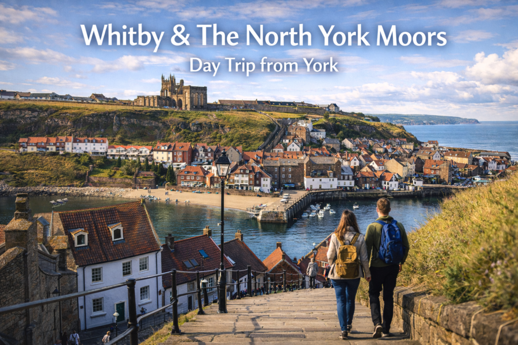 Whitby and the North York Moors day trip from York featuring Whitby Harbour, historic abbey ruins, dramatic coastline, rolling moorland hills, and scenic countryside under bright daylight