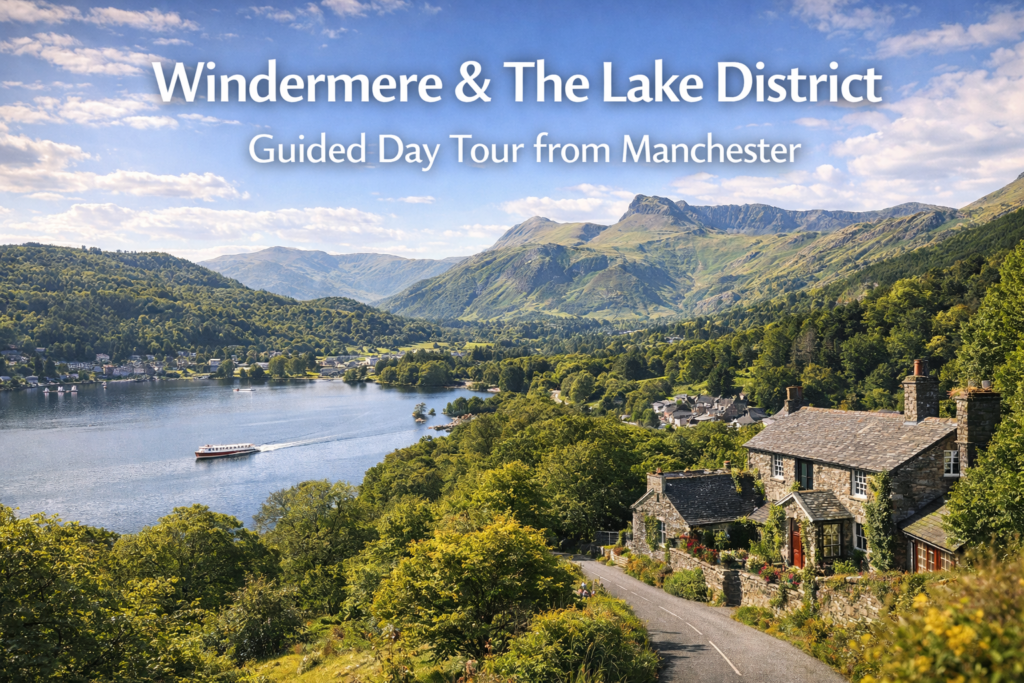 A stunning, realistic landscape of Windermere and the Lake District showcasing serene lakes, rolling green hills, and quaint villages under bright daylight. The image includes bold, white text overlay reading 'Windermere & The Lake District: Guided Day Tour from Manchester', ideal for blog headers and YouTube thumbnails.