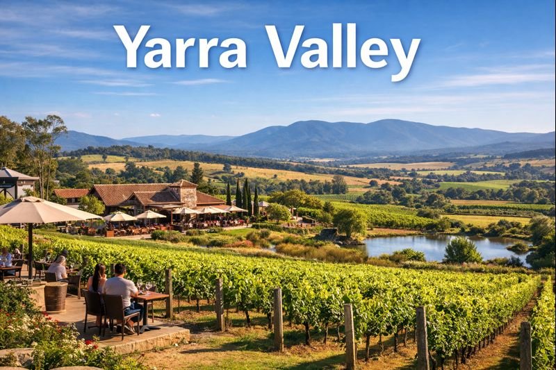 Yarra Valley vineyards with winery restaurant and rolling hills under bright daylight, showcasing a guided premium wine tasting and lunch experience near Melbourne.
