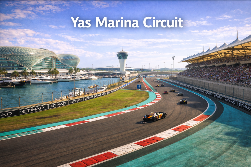 Yas Marina Circuit Abu Dhabi under bright daylight featuring the iconic Formula 1 track, marina views, modern architecture, and surrounding waterfront skyline.