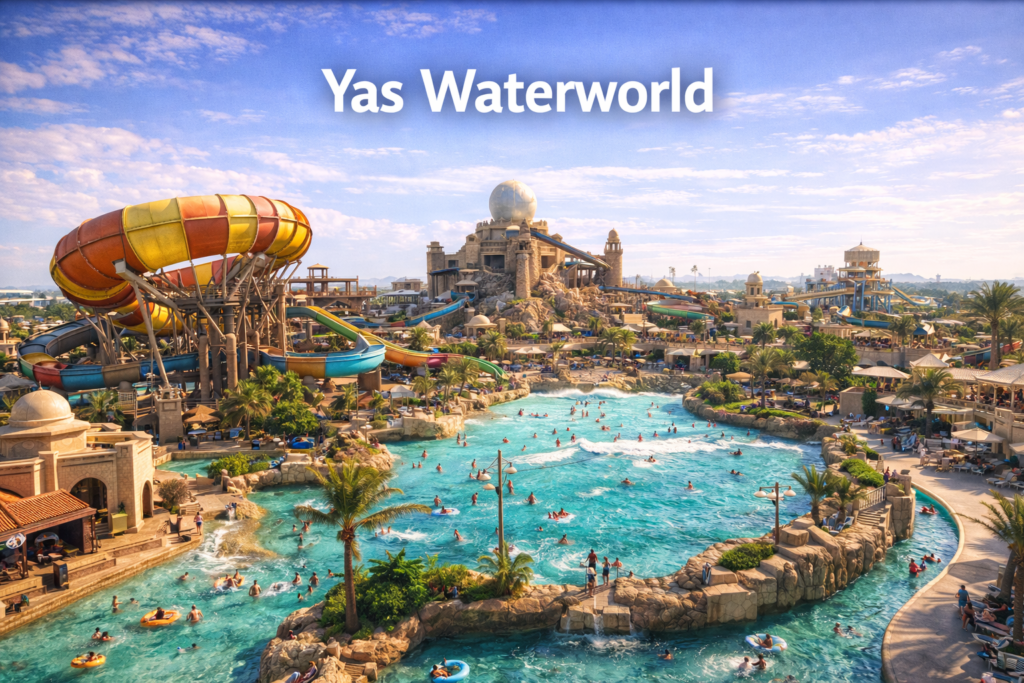Yas Waterworld Abu Dhabi water park in bright daylight featuring iconic water slides, wave pools, Arabian themed architecture, and vibrant family attractions.