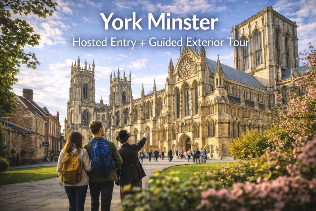 York Minster Cathedral in York during a guided exterior tour, showcasing Gothic architecture, detailed stonework, historic city surroundings, and bright daylight atmosphere.