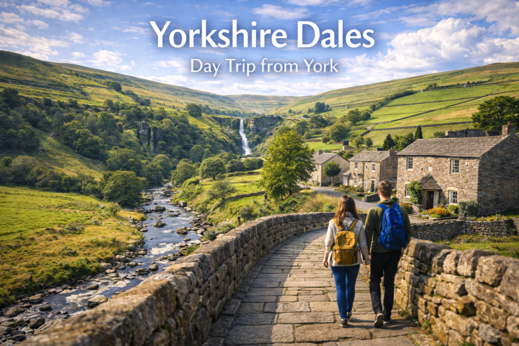 Yorkshire Dales landscape with rolling green hills, stone walls, winding country roads, and dramatic valleys under bright daylight during a day trip from York.