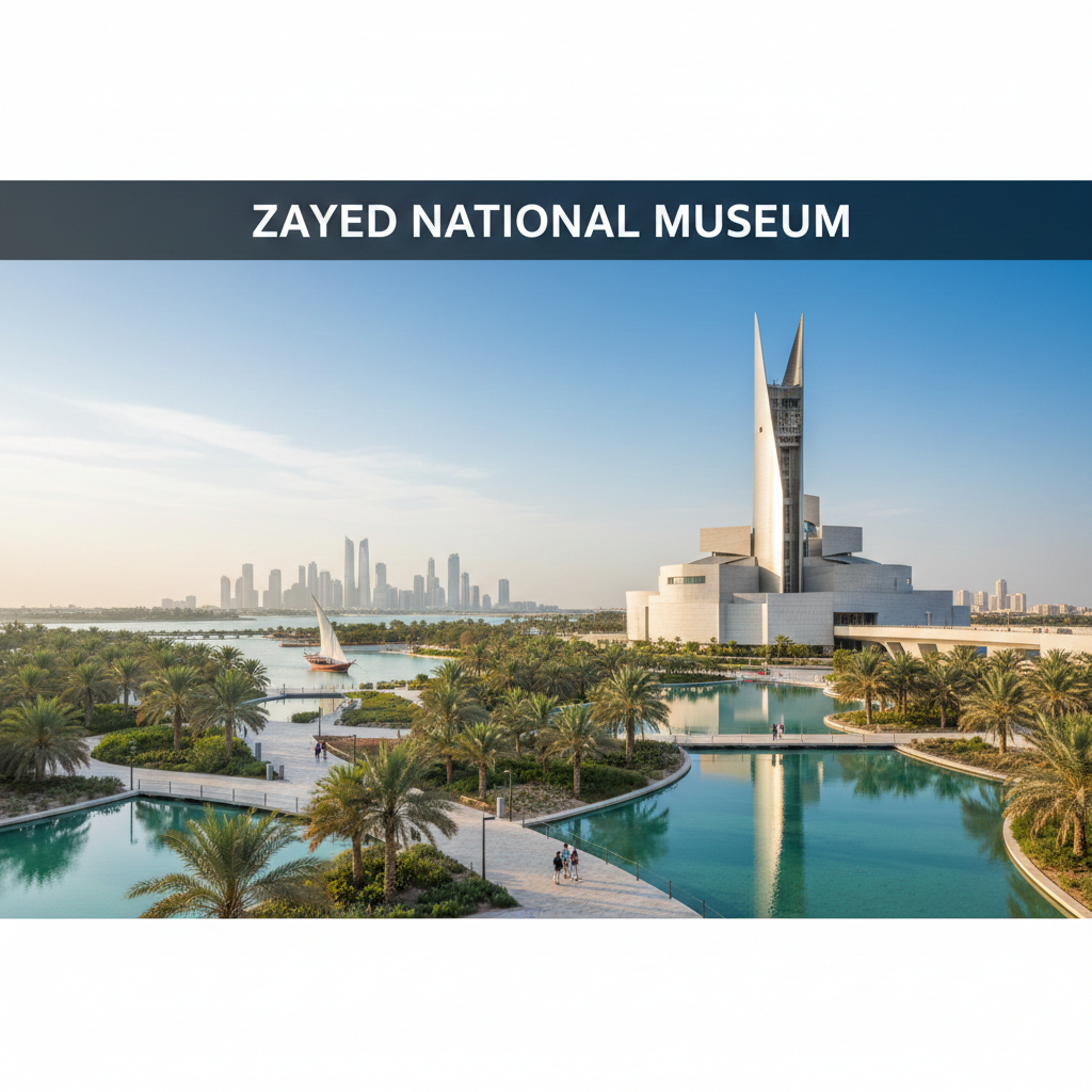 A high-resolution landscape of the Zayed National Museum in Abu Dhabi featuring its iconic wing-shaped towers, surrounding greenery, and a tranquil waterfront during a bright sunny day.