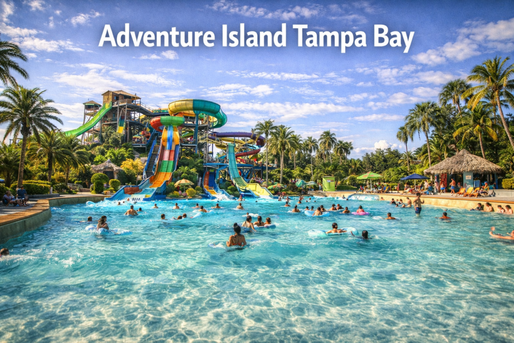 Adventure Island Tampa Bay water park with colorful slides, tropical palm trees, and visitors enjoying the wave pool under bright Florida sunshine
